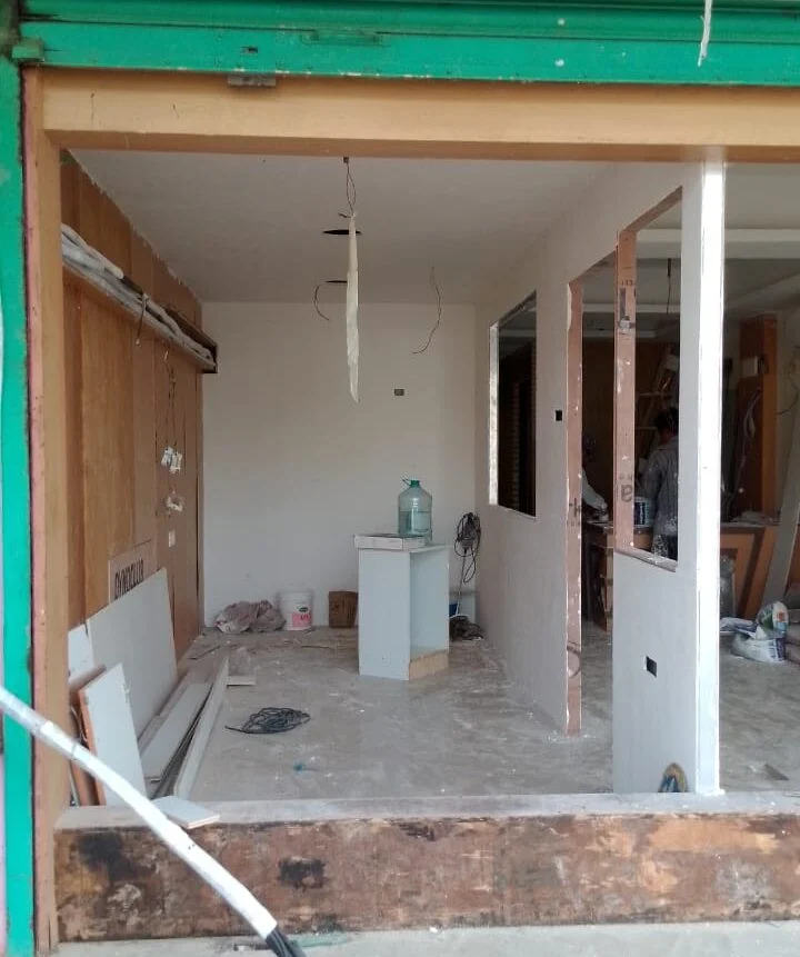 Interior partition walls under construction during fit-out