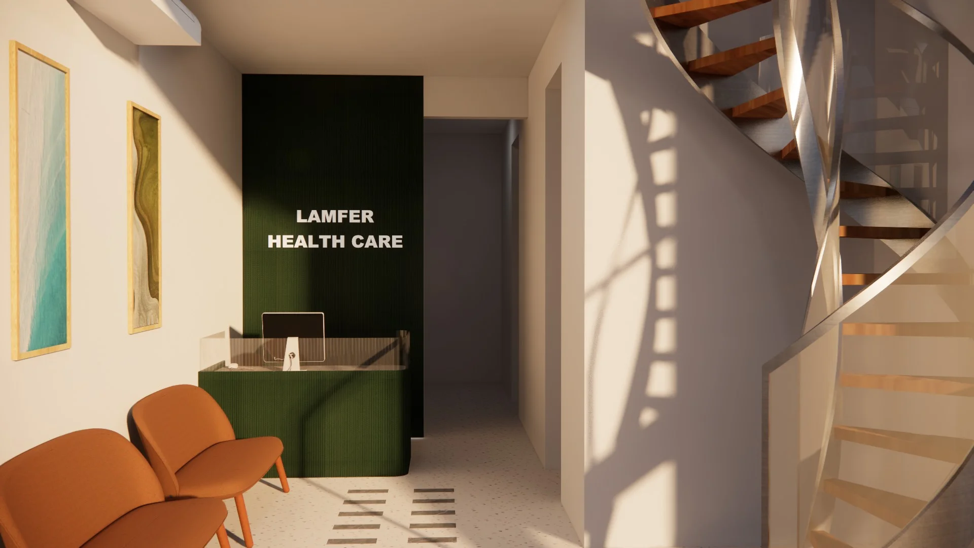 Design visualisation of a hospital reception with seating and staircase