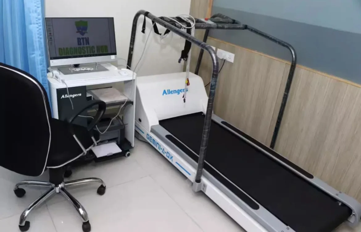 Cardiac stress testing room with treadmill and TMT recording workstation