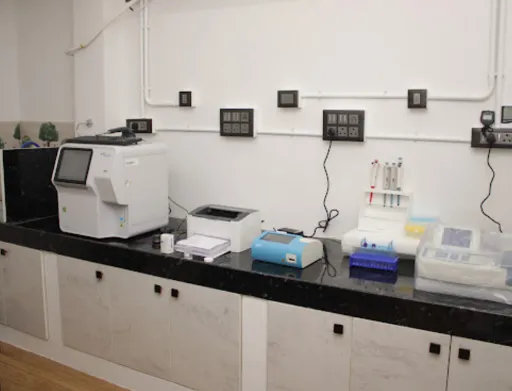 Haematology bench with analyser, printer and pipette stand